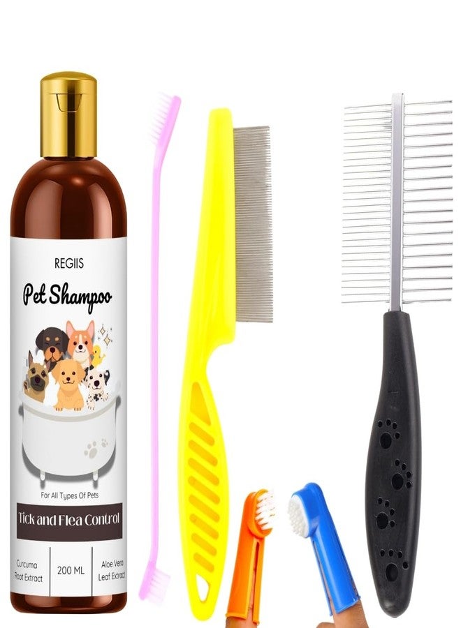 مجموعة شامبو ريجيس للحيوانات الأليفة مع مكافحة القراد والبراغيث، وخلاصة الكركم والصبار الطبيعية، 200 مل، تتضمن فرش تنظيف للكلاب (عبوة من 4 قطع) - Image 1